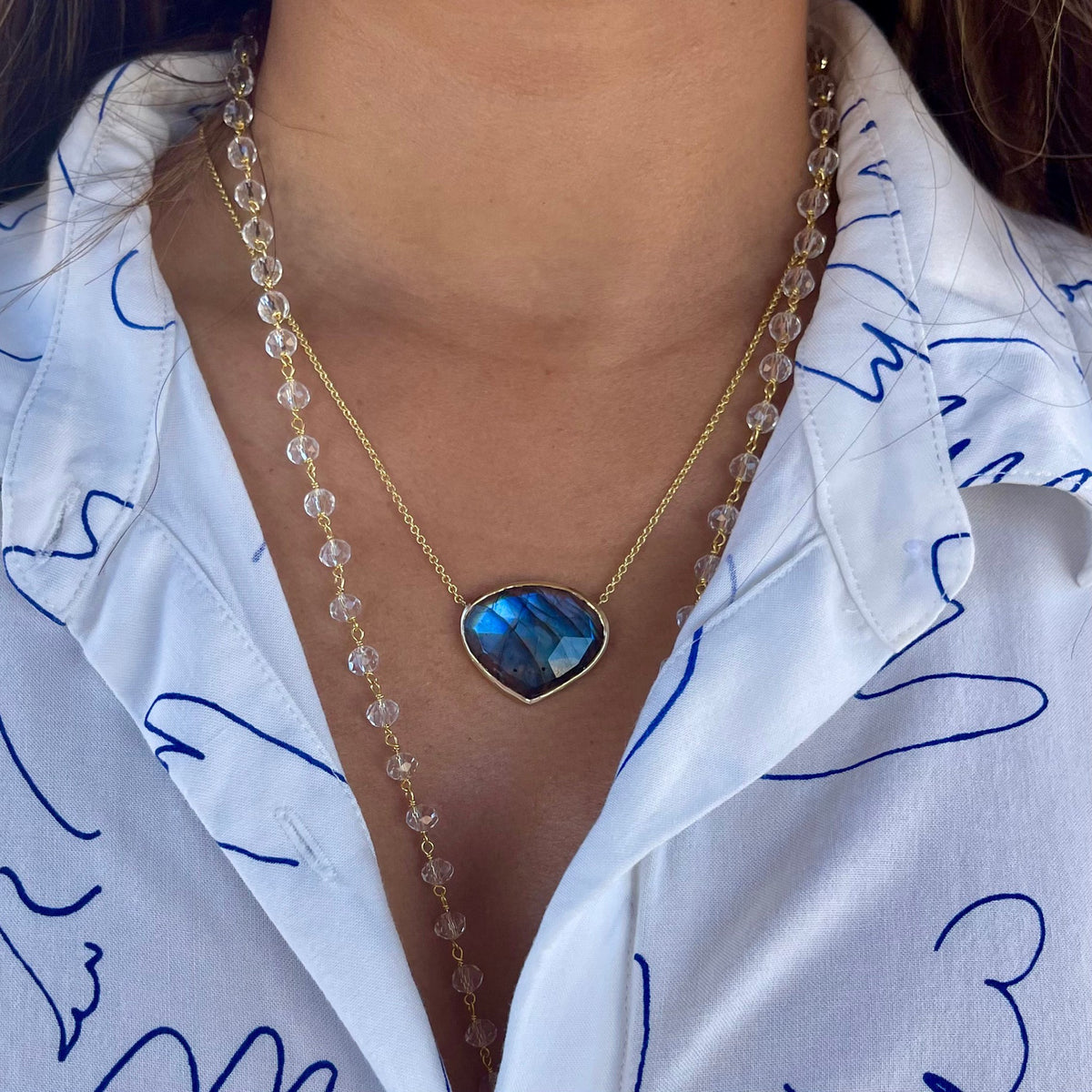 High Frequency Labradorite Crystal Necklace 14K Yellow Gold Bezel Pendant