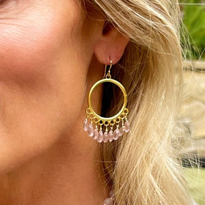 Rose Quartz Chandelier Hoop Earrings I 22K Gold Plated Indian Jewelry