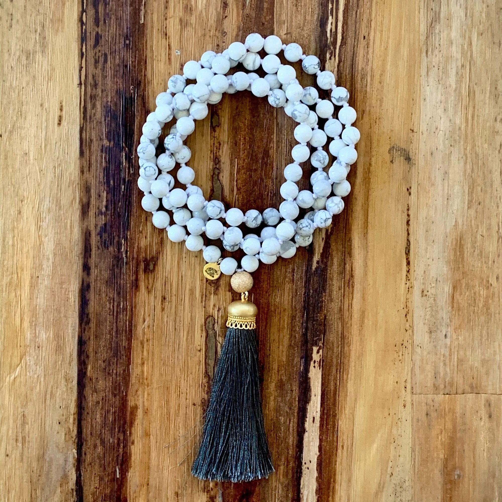 Howlite Mala Prayer Bead Necklace | Silk Tassel