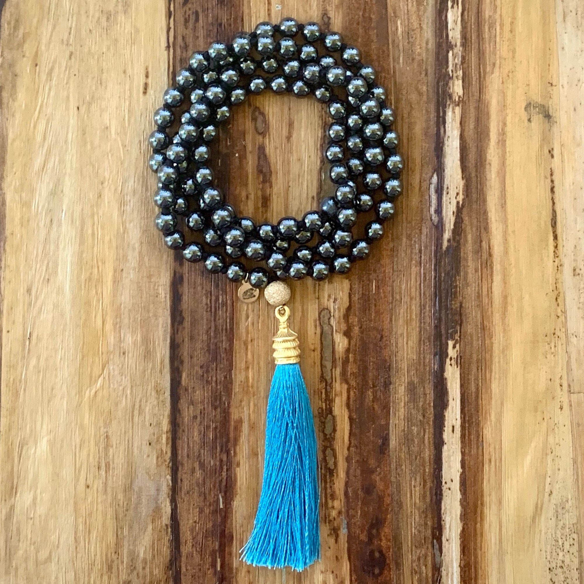 Hematite Mala Prayer Bead Necklace | Silk Tassel