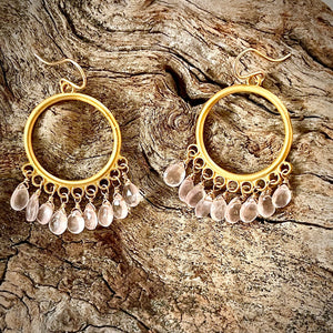 Rose Quartz Chandelier Hoop Earrings I 22K Gold Plated Indian Jewelry