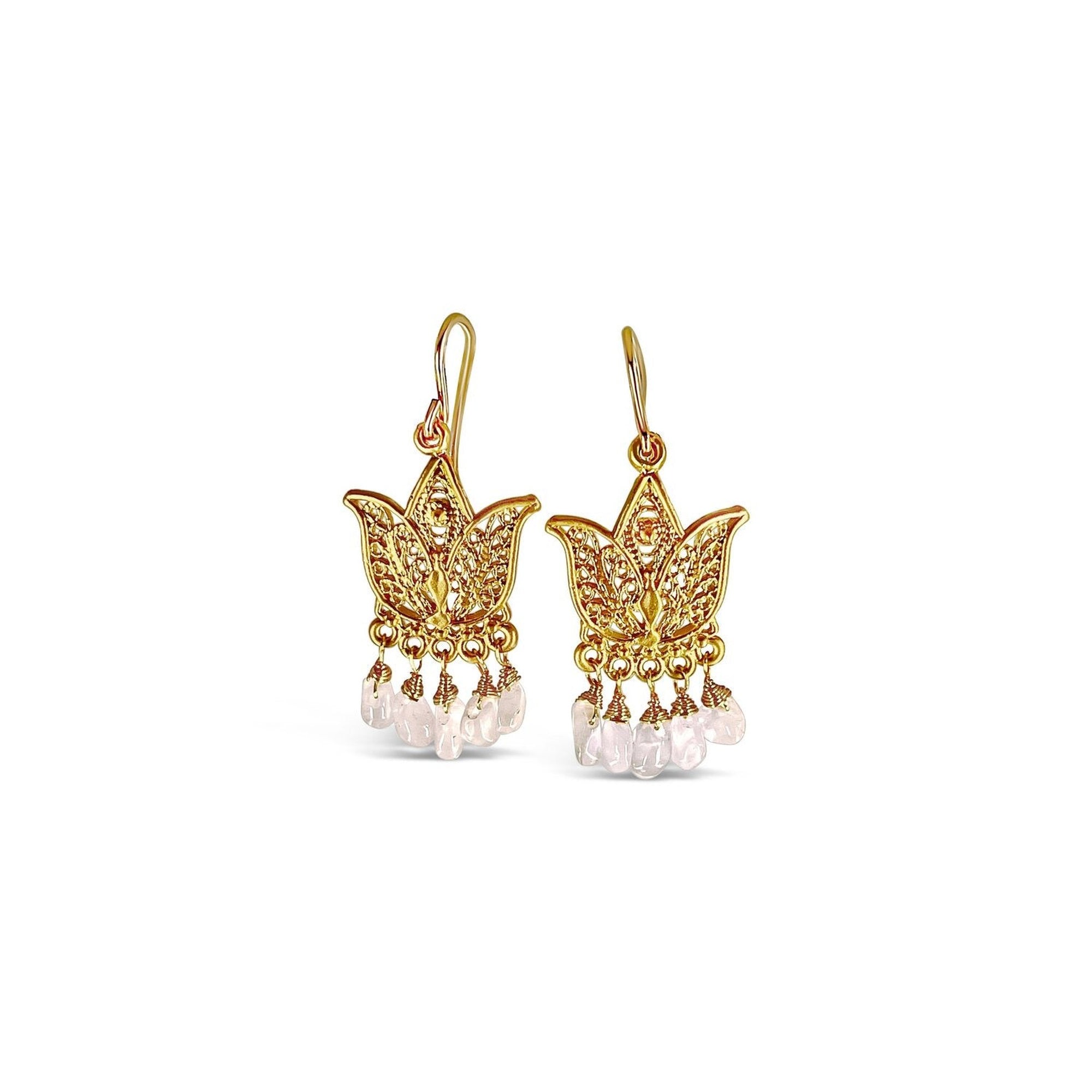 Rose Quartz Chandelier Earring I Lotus Filigree | 22K Gold Plated Indian Jewelry