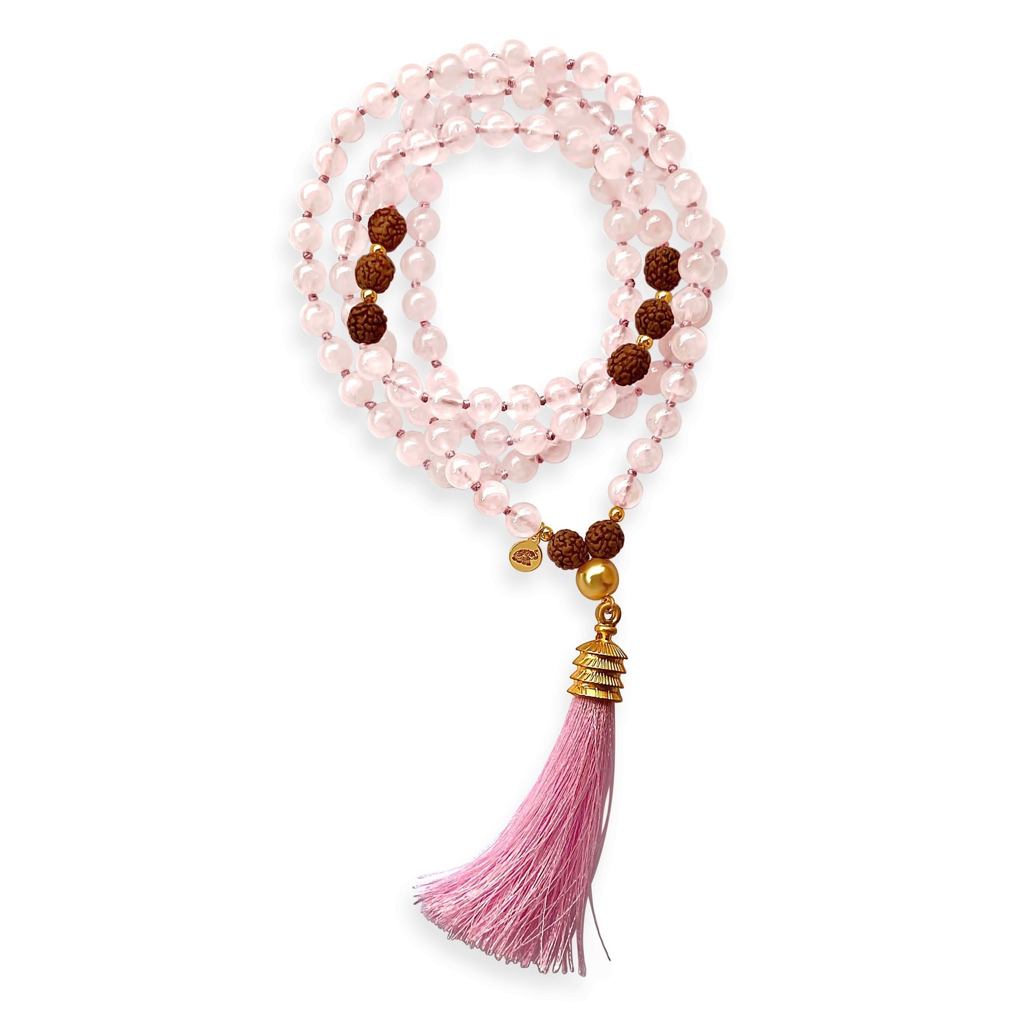 Rose Quartz Mala Prayer Bead Necklace | Rudraksha | Silk Tassel