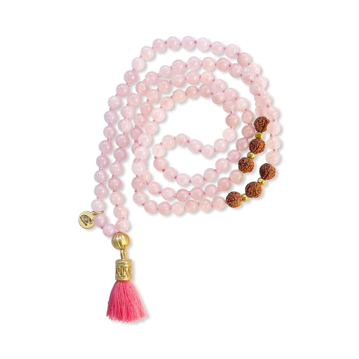 Rose Quartz Rudraksha Mala Prayer Bead Necklace