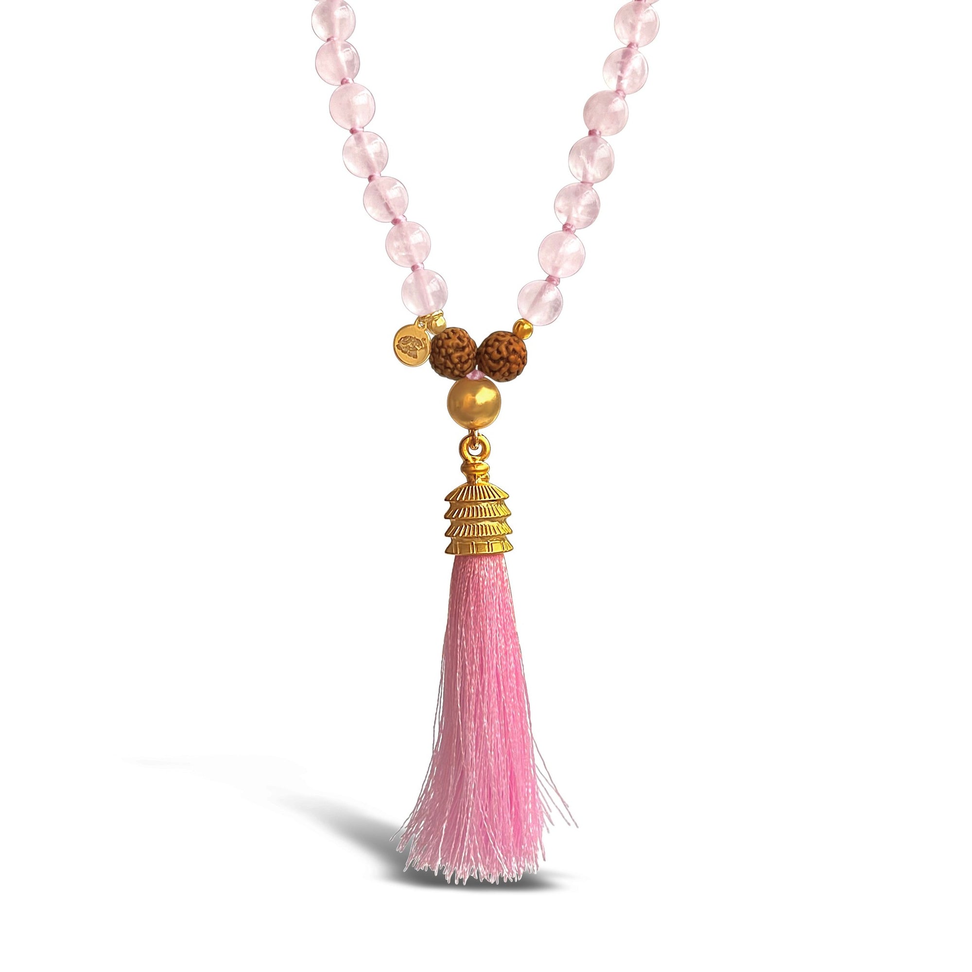 Rose Quartz Mala Prayer Bead Necklace | Rudraksha | Silk Tassel