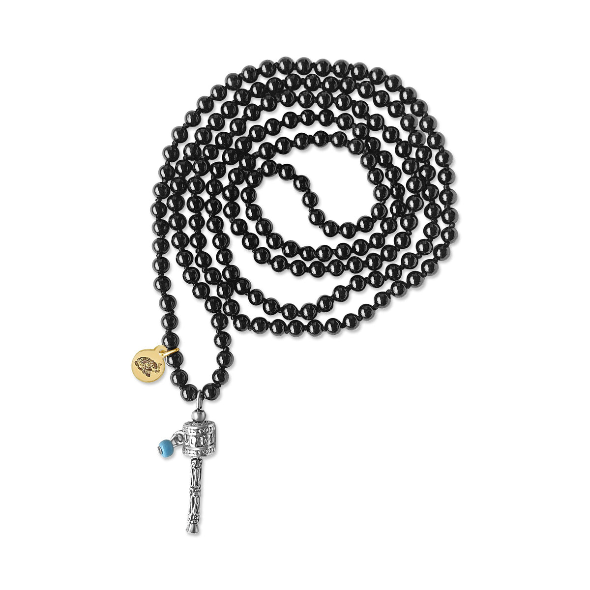 Black Onyx Mala Prayer Bead Necklace with Tibetan Prayer Wheel For Amplified Prayers