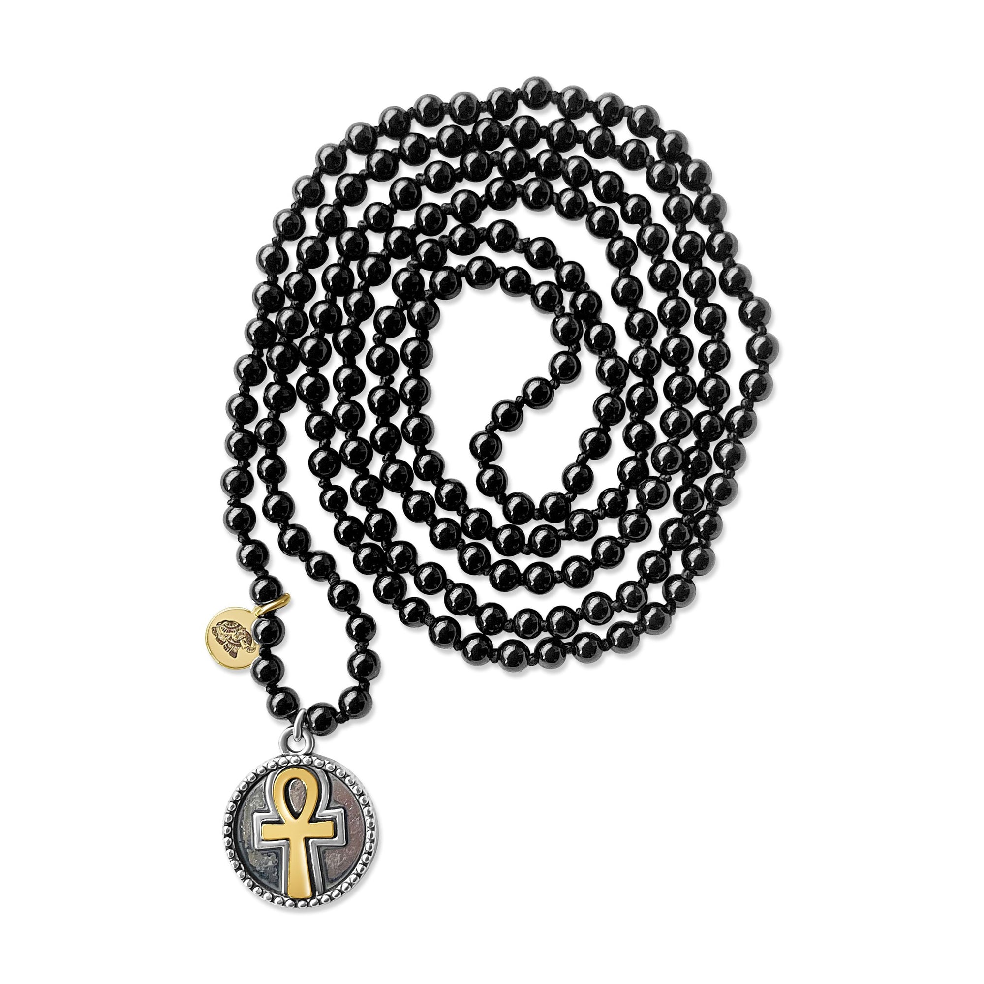 Black Onyx Mala Prayer Bead Necklace with Ankh Amulet for Daily Meditation