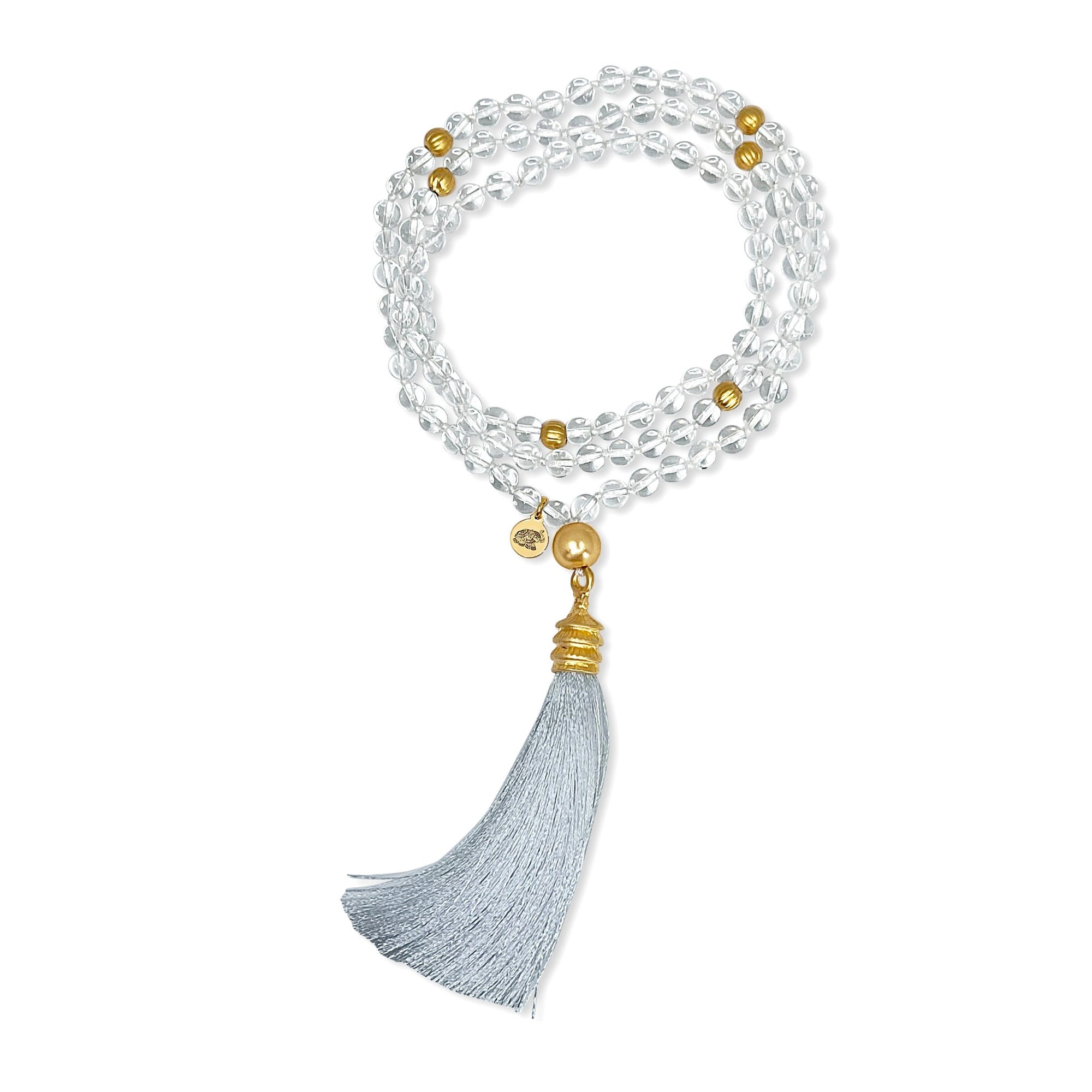 Clear Quartz Mala Prayer Bead Necklace | Gold Beads | Tassel