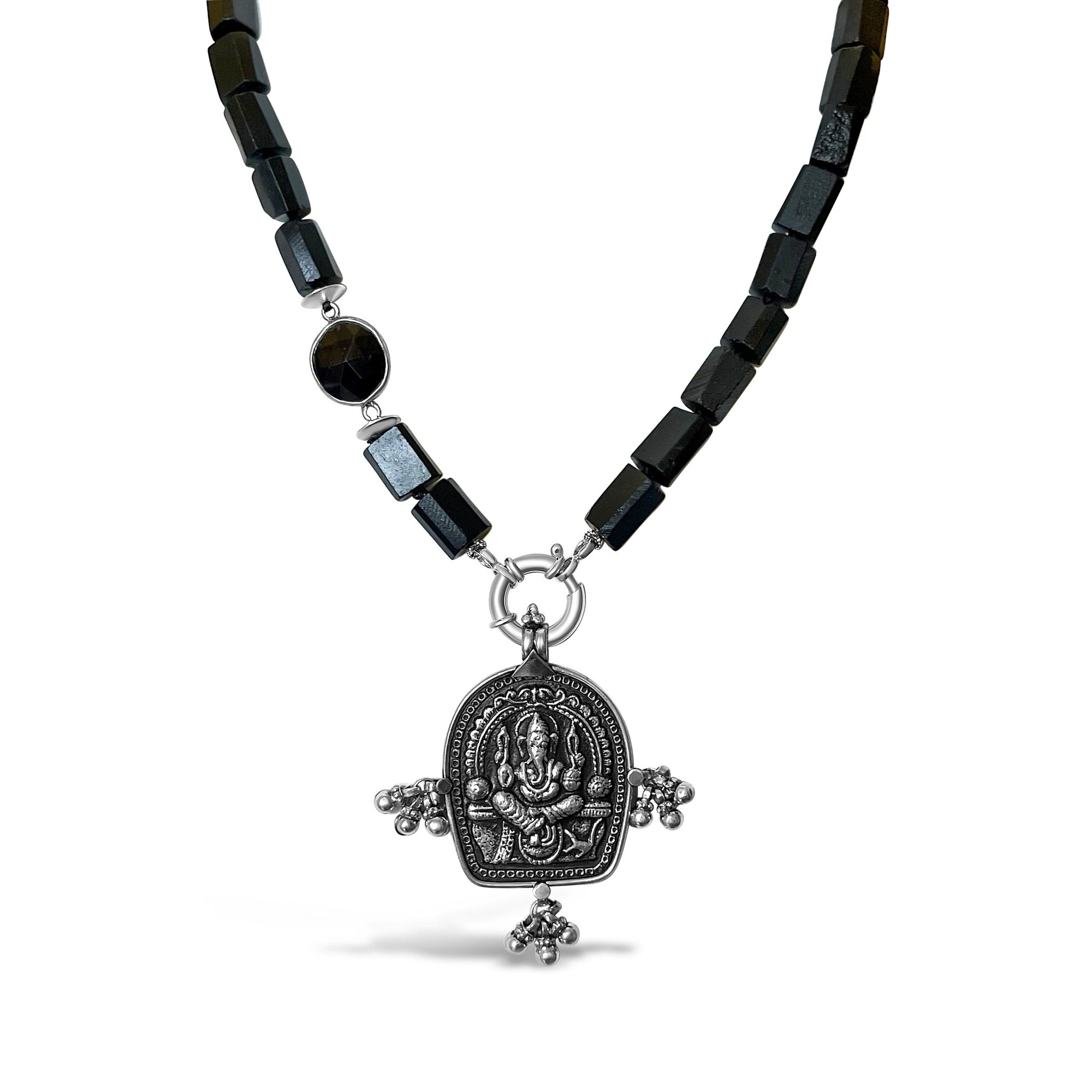 Shungite Crystal Necklace Ganesha Amulet Pendant with Ganpati Bells