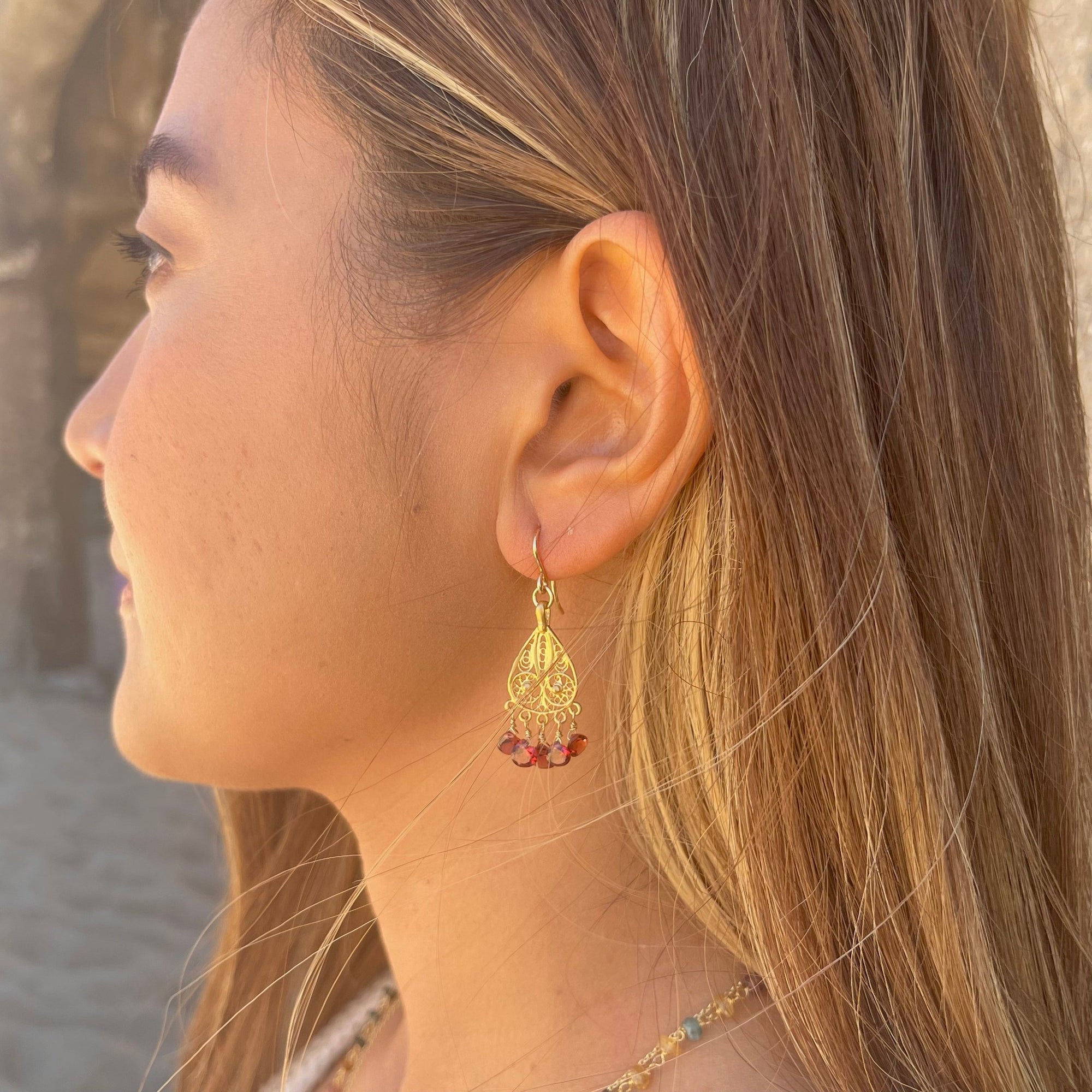 Garnet Filigree Chandelier Earrings | 22k Gold Plated Indian Jewelry