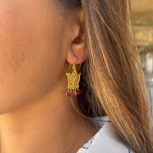 Garnet Lotus Chandelier Earrings | 22k Gold Plated Indian Jewelry