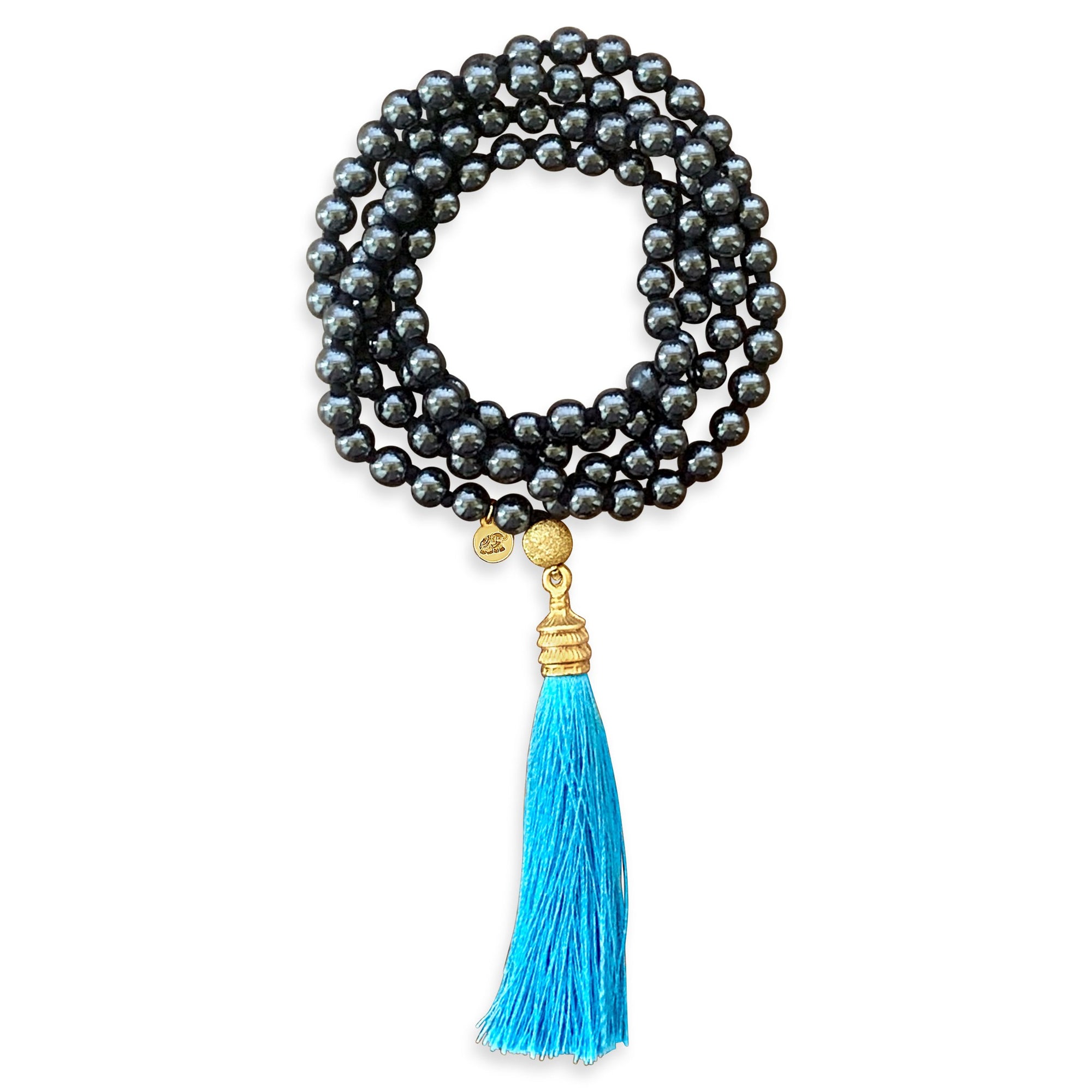Hematite Mala Prayer Bead Necklace | Silk Tassel