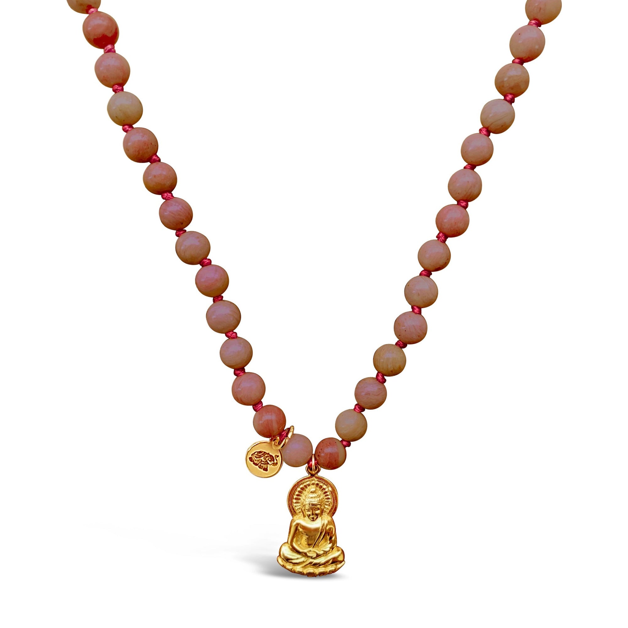 Rhodonite Mala Prayer Bead Necklace | Buddha Charm